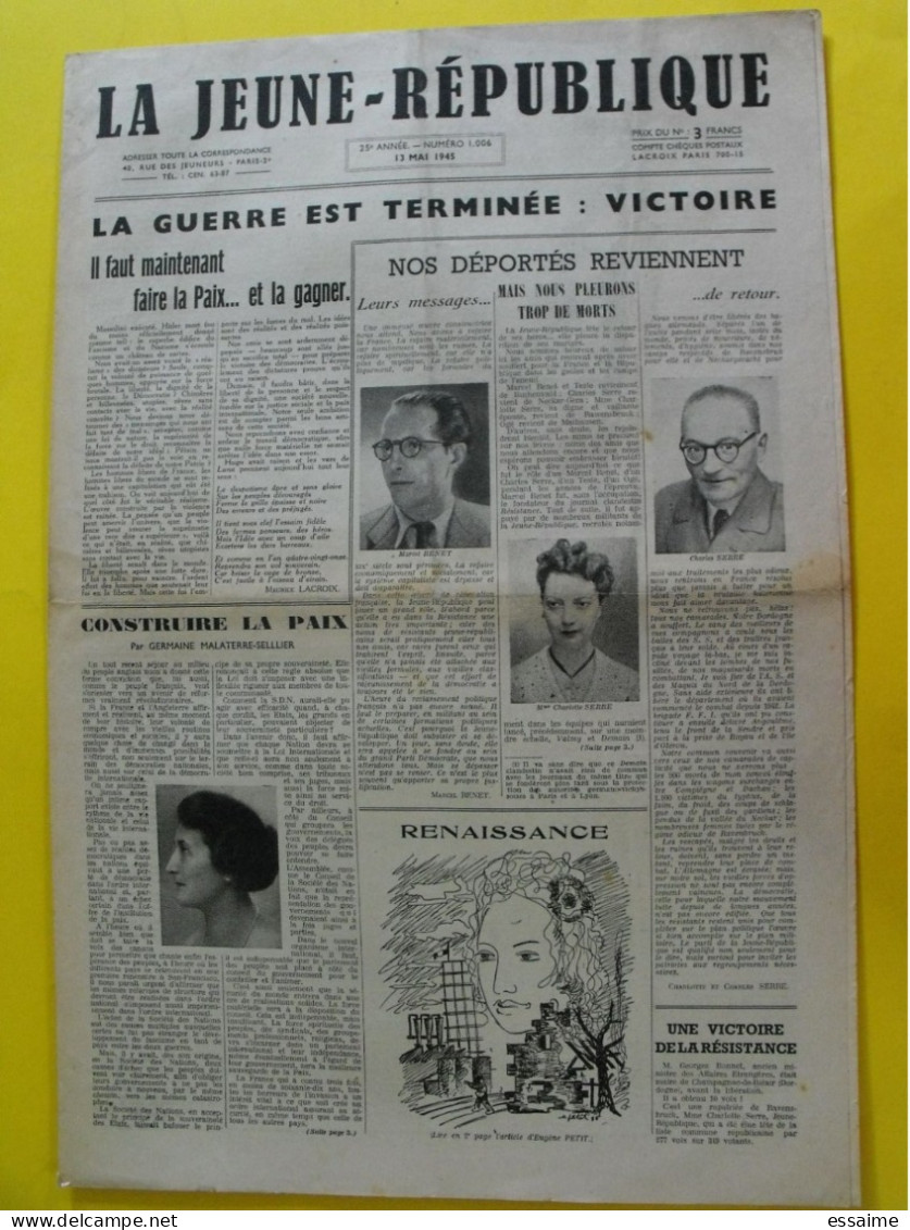 Journal La Jeune République Du 13 Mai 1945. La Guerre Est Terminée. Victoire. Déportés Résistance - Guerre 1939-45