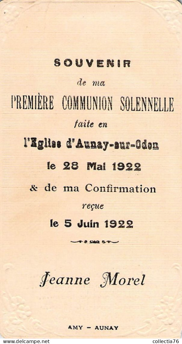 VIEUX PAPIERS FAIRE PART COMMUNION 14 CALVADOS AUNAY SUR ODON  31 MAI 1922 JEANNE MOREL - Kommunion Und Konfirmazion