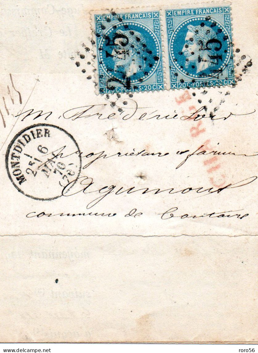 Bande Aff No 29 Paire Sur Avis Et Chargé En Rouge-Montdidier T 16 --Au Dos Type 24 De Pierrepont-sur-avre Du 7 MAI 70 - 1849-1876: Klassik