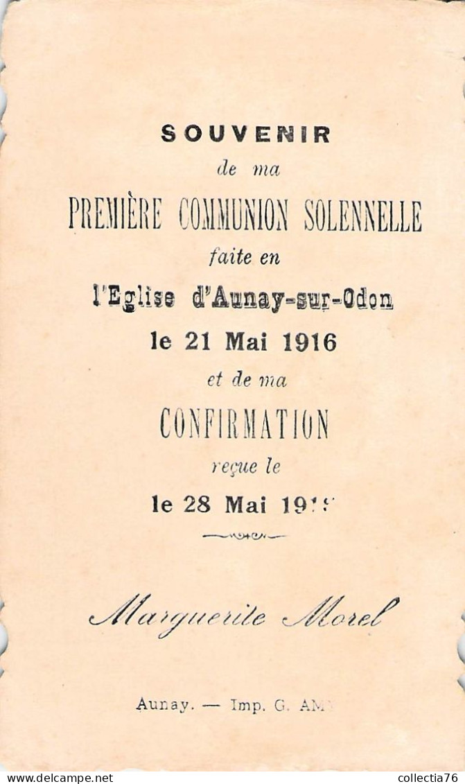 VIEUX PAPIERS FAIRE PART COMMUNION 14 CALVADOS AUNAY SUR ODON  28 MAI 1916 MARGUERITE MOREL - Kommunion Und Konfirmazion