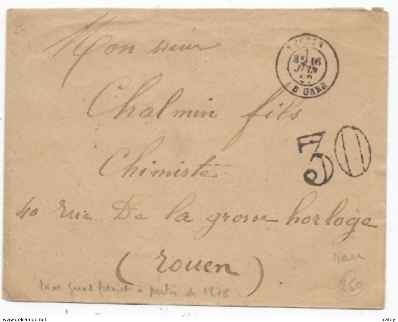 Département NIEVRE Lettre De 1882 Càd NEVERS/ B.GARE Et Taxe 30 (grand Modèle De 1878) - 1877-1920: Semi Modern Period