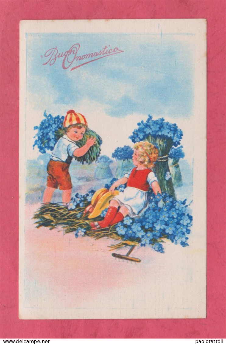 Cartolina Augurale Buon Onomastico, Good Name Day. Bambini E Fiori . Little Girl And Boy With Flowers . - - Autres & Non Classés