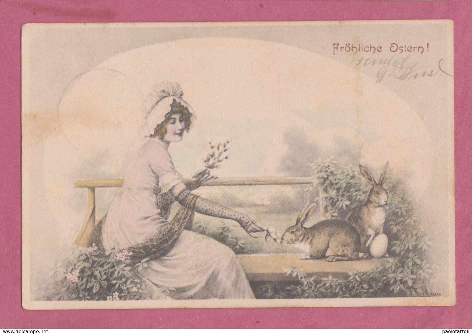 Easter Greeting - Lady With Rabbits And Egg. Small Size, Back Not Divided , Ed. M.M., Vienne N° 178. - Pasen