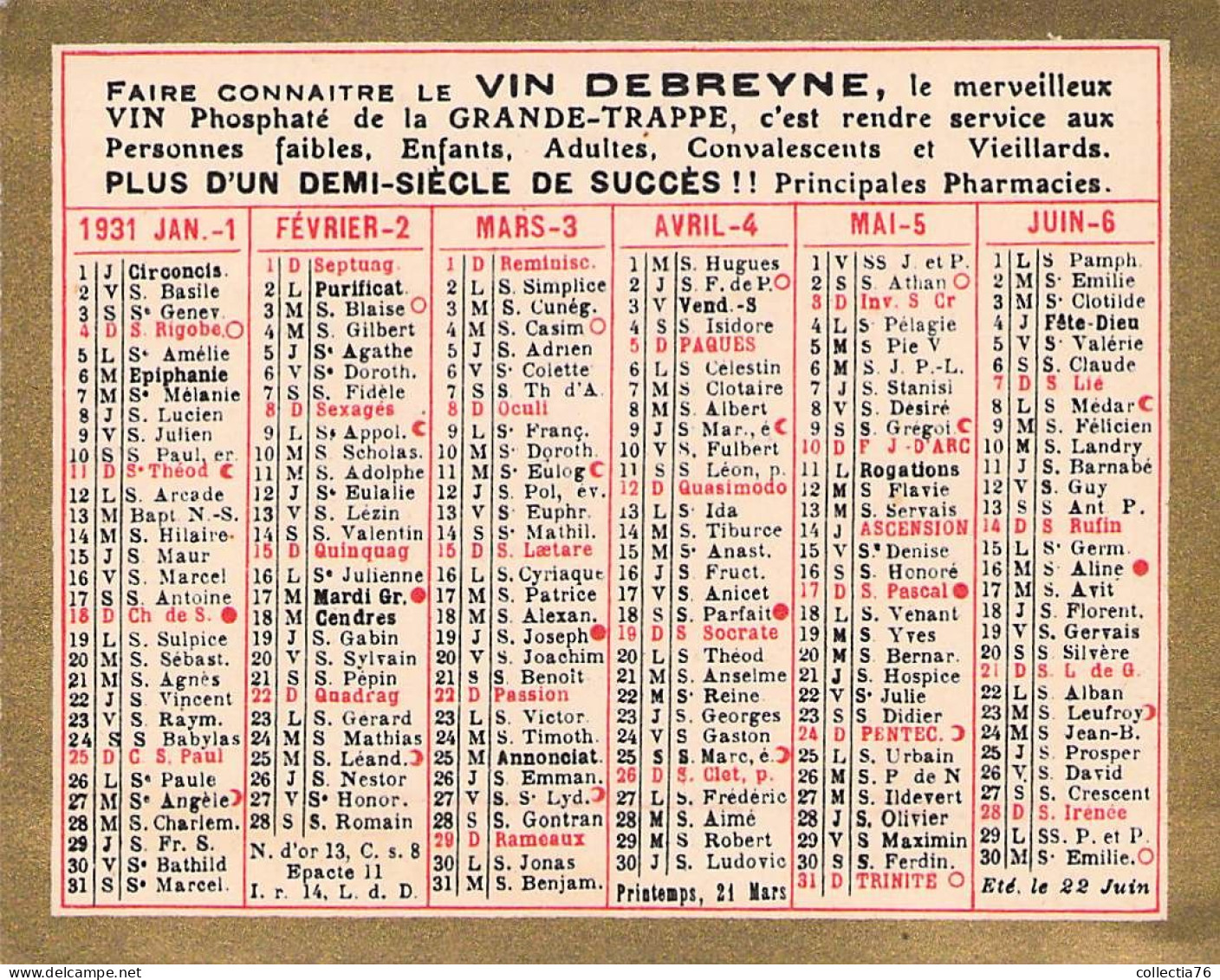 VIEUX PAPIERS CALENDRIER PETIT FORMAT 1931 TISANE DEBREYNE GRANDE TRAPPE 7 X 9 CM - Petit Format : 1921-40