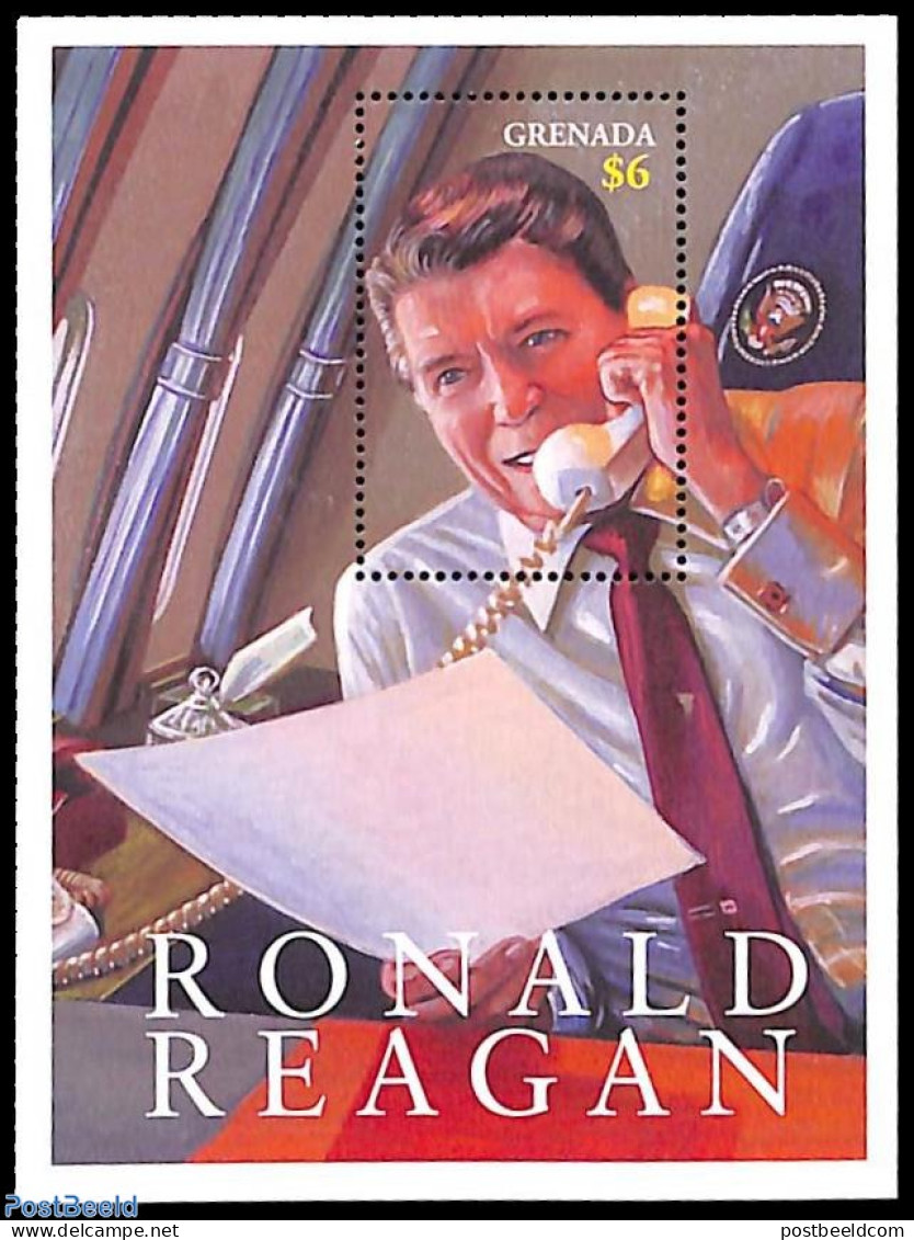 Grenada 2001 Ronald Reagan S/s, Mint NH, History - Science - American Presidents - Politicians - Telephones - Télécom