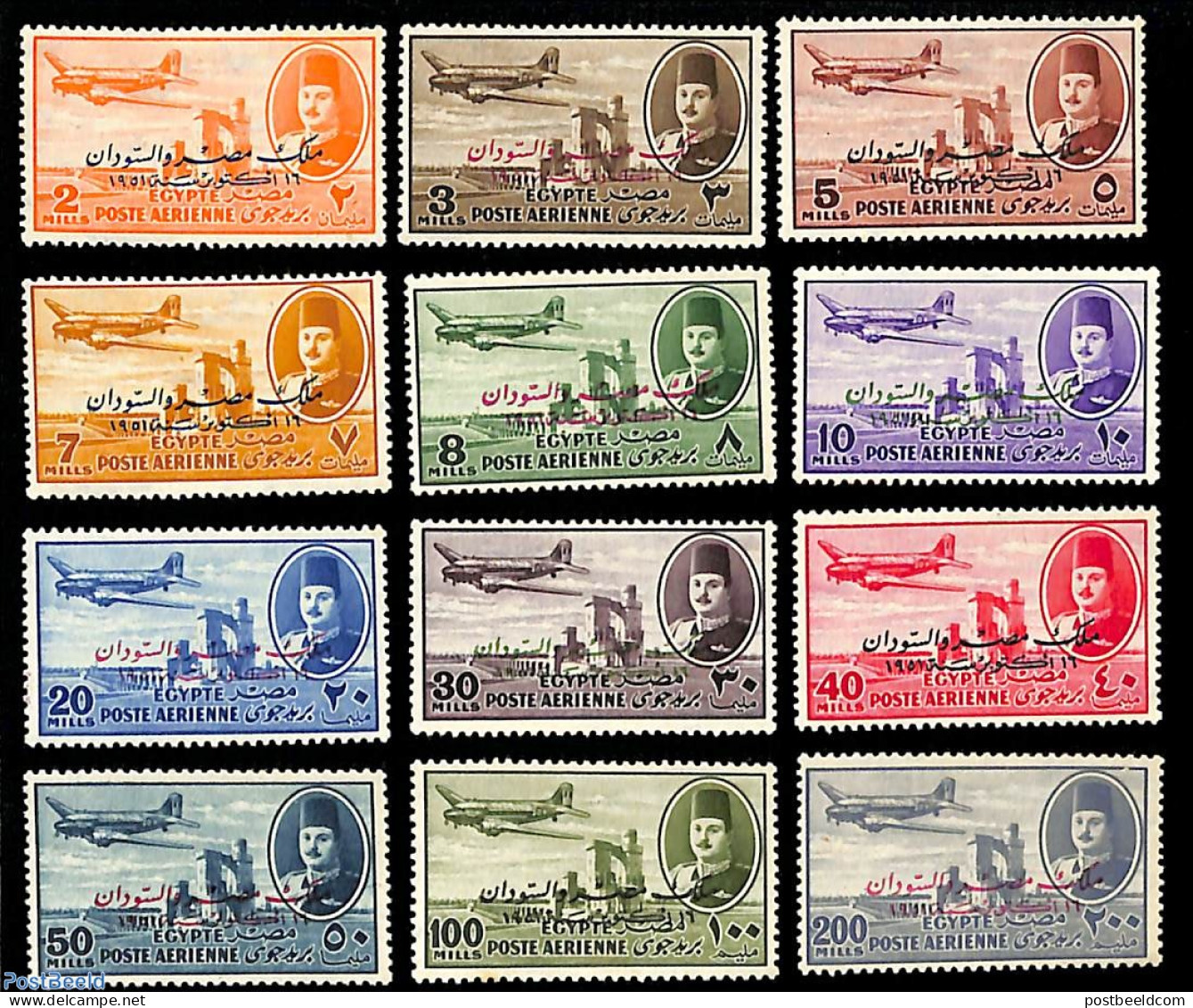 Egypt (Kingdom) 1952 Airmail Definitives, Overprints 12v, Mint NH, Nature - Transport - Water, Dams & Falls - Aircraft.. - Unused Stamps