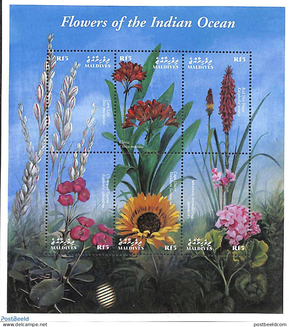 Maldives 2000 Flowers  6v M/s, Mint NH, Nature - Flowers & Plants - Maldives (1965-...)