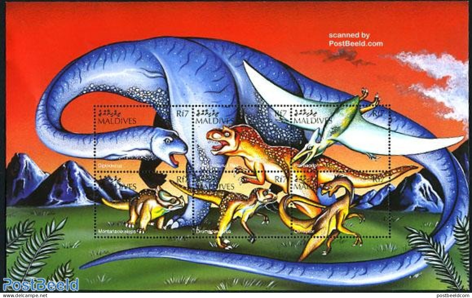 Maldives 1997 Preh. Animals 6v M/s, Diplodocus, Mint NH, Nature - Prehistoric Animals - Prehistorisch