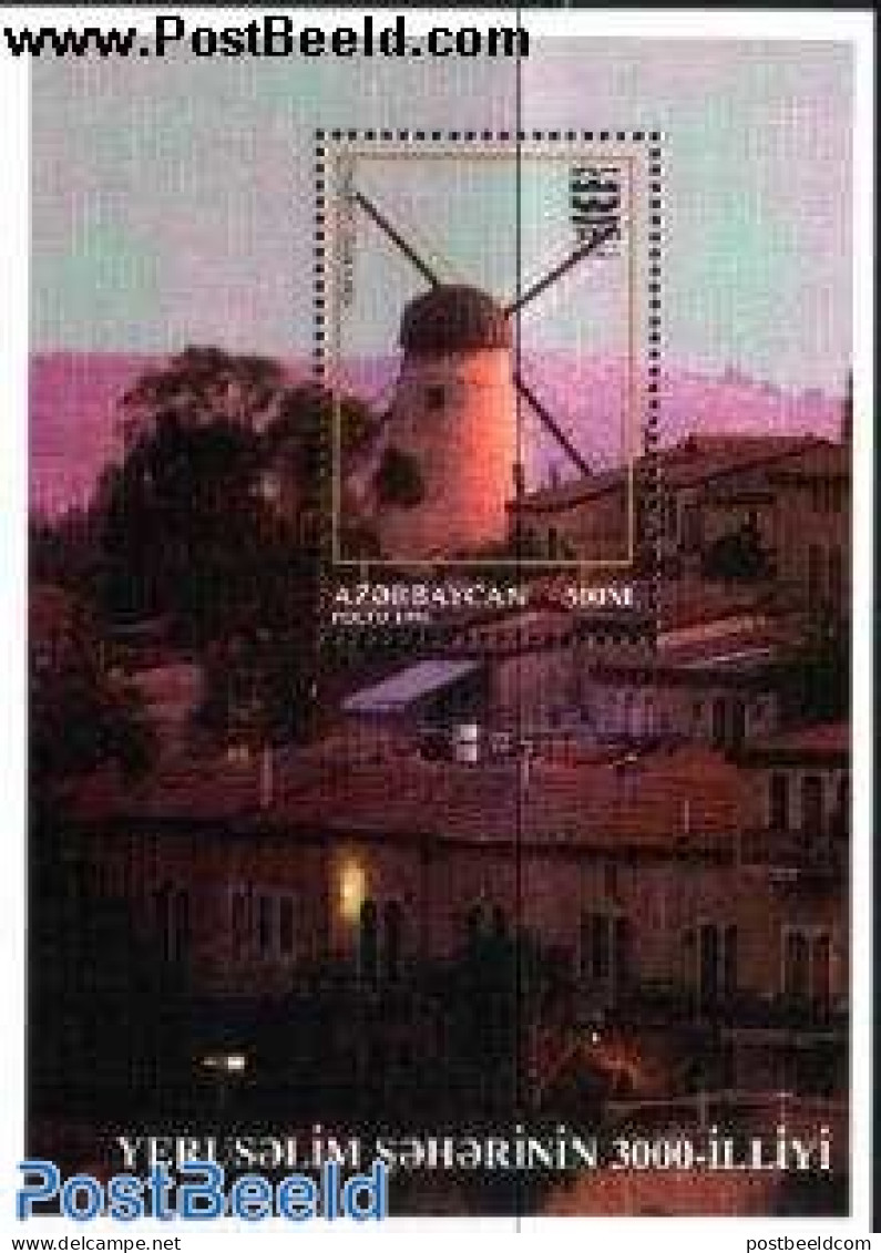 Azerbaijan 1996 3000 Years Jerusalem S/s, Mint NH, Religion - Various - Judaica - Mills (Wind & Water) - Guidaismo