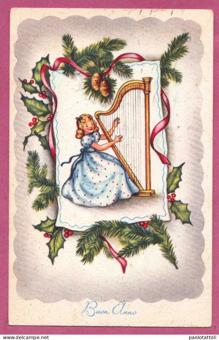 Greetings Card, Buon Anno, Happy New Year-Scene Of Young Girl Plays Teh Harp- Giovane Ragazza Suona L'arpa- - New Year