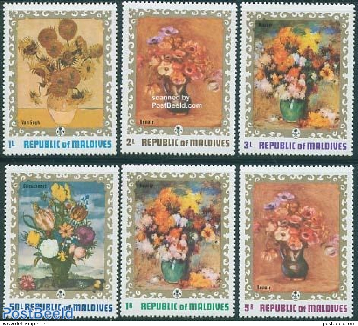 Maldives 1973 Flower Paintings 6v, Mint NH, Nature - Flowers & Plants - Art - Modern Art (1850-present) - Paintings - .. - Maldivas (1965-...)