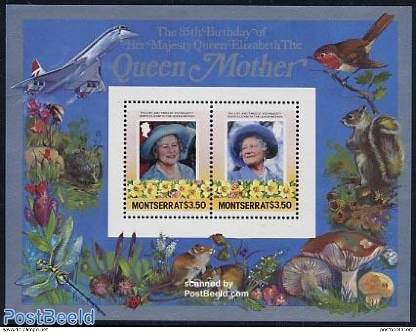 Montserrat 1985 Queen Mother S/s, Mint NH, History - Nature - Transport - Kings & Queens (Royalty) - Birds - Flowers &.. - Koniklijke Families