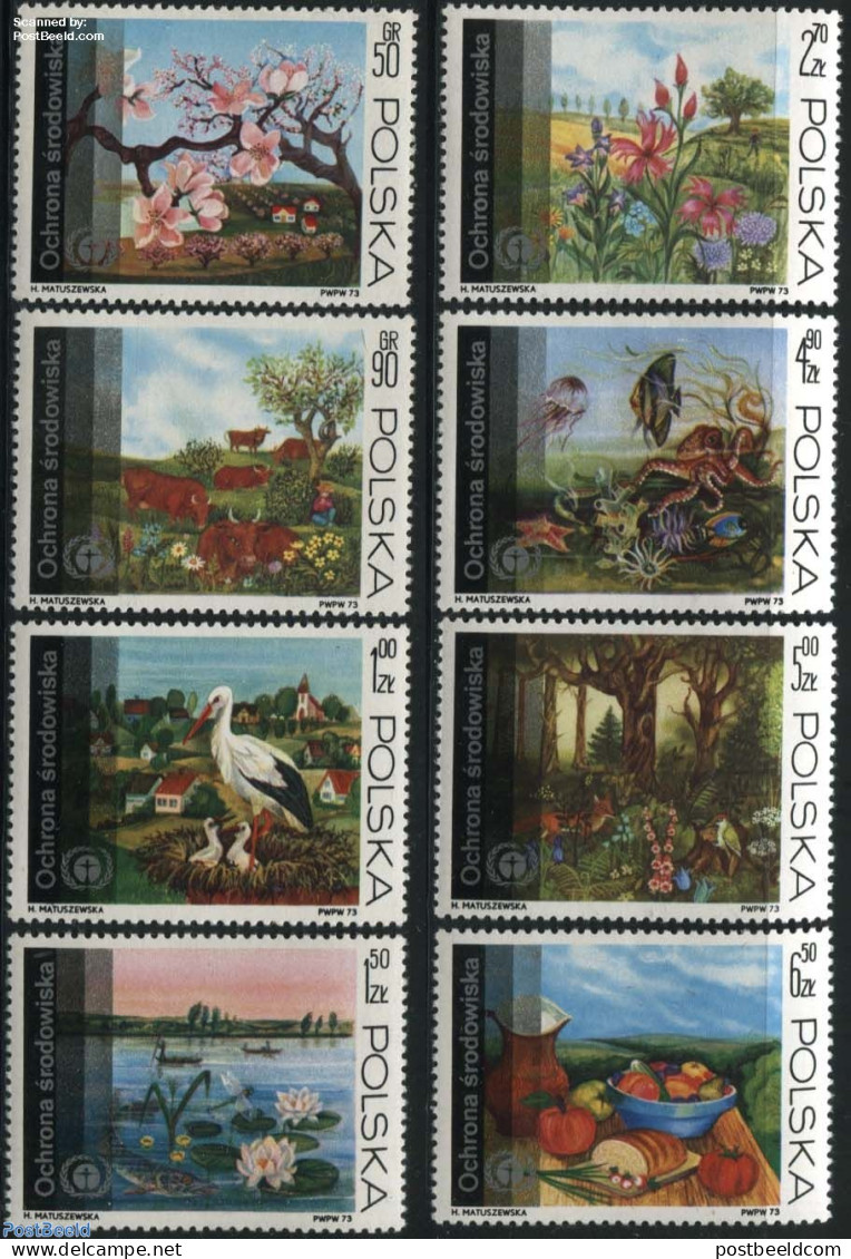 Poland 1973 Nature Protection 8v, Mint NH, Nature - Transport - Birds - Cattle - Environment - Fish - Flowers & Plants.. - Unused Stamps