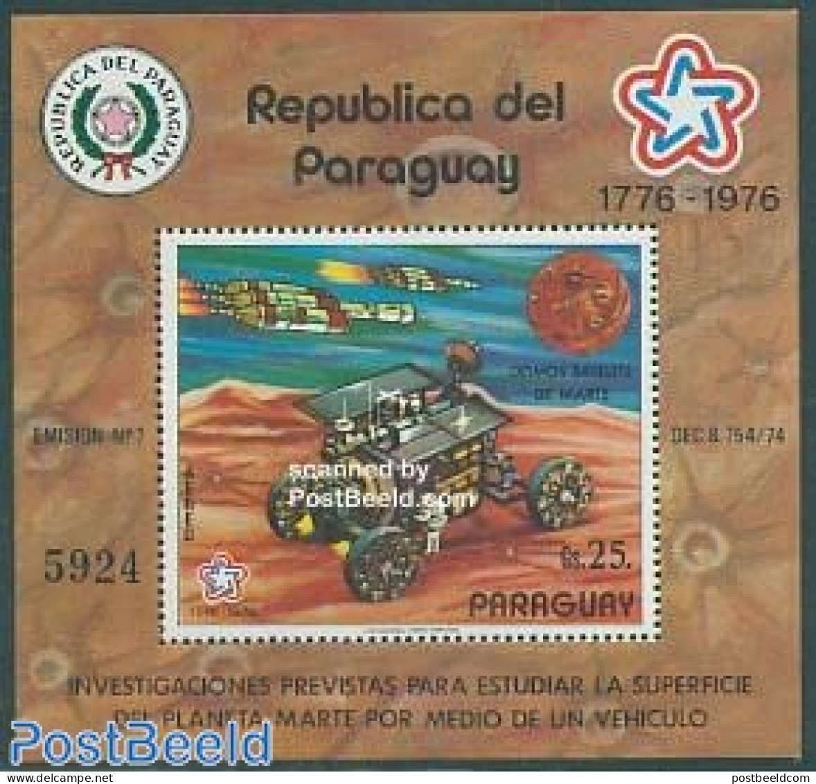 Paraguay 1977 Mars Auto S/s, Mint NH, Transport - Space Exploration - Paraguay