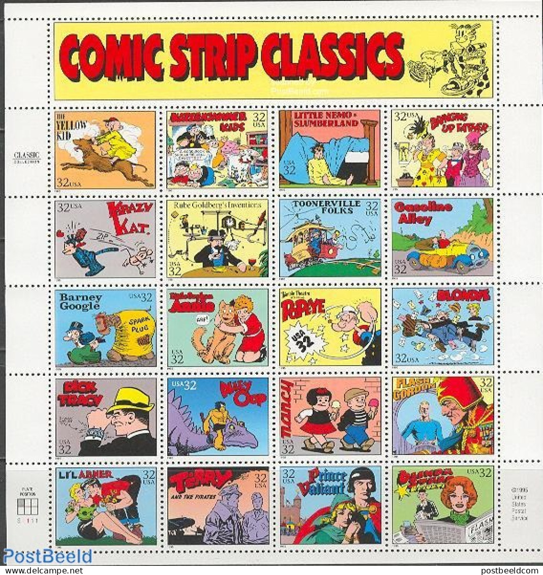 United States Of America 1995 Comic Strip Classics 20v M/s, Mint NH, Nature - Transport - Cats - Dogs - Automobiles - .. - Ongebruikt