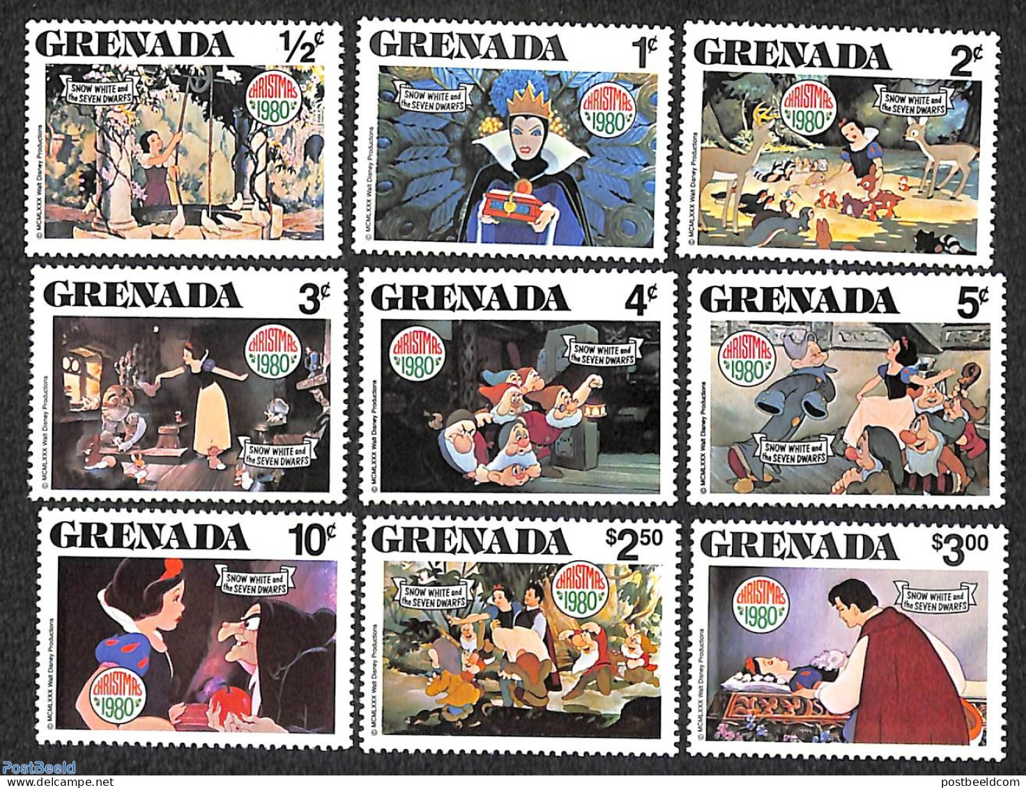 Grenada 1980 Christmas, Disney 9v, Mint NH, Religion - Christmas - Art - Disney - Christmas