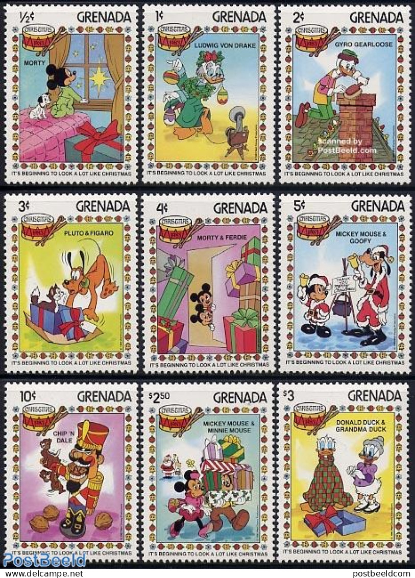 Grenada 1983 Christmas, Disney 9v, Mint NH, Nature - Religion - Cats - Christmas - Art - Disney - Noël