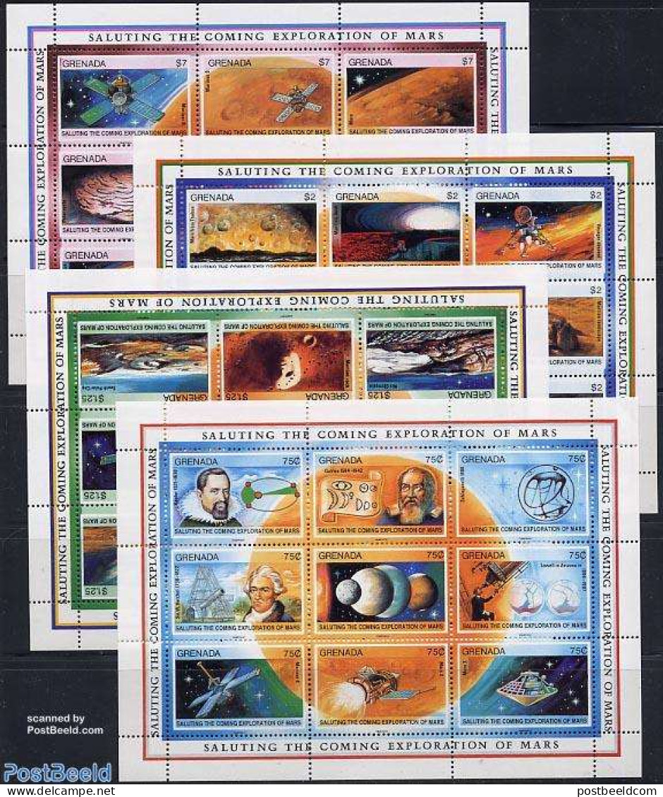 Grenada 1991 Mars Exploration 4x9v M/s, Mint NH, Science - Transport - Astronomy - Space Exploration - Astrologie