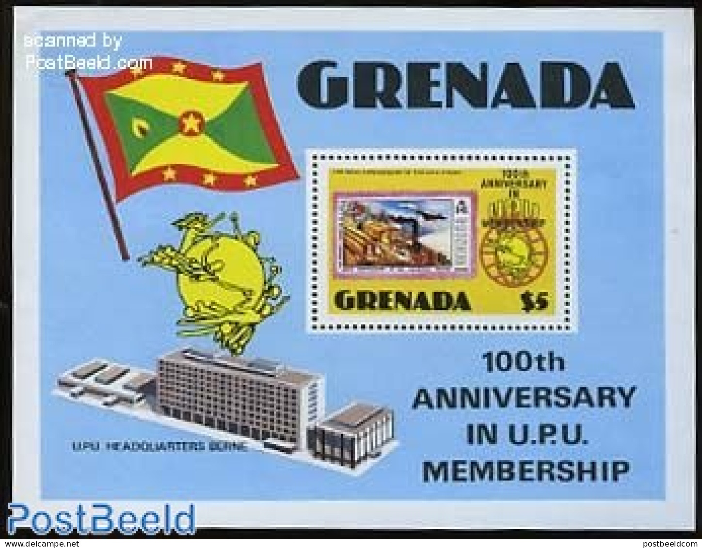 Grenada 1981 UPU Membership S/s, Mint NH, Transport - Stamps On Stamps - U.P.U. - Railways - Briefmarken Auf Briefmarken