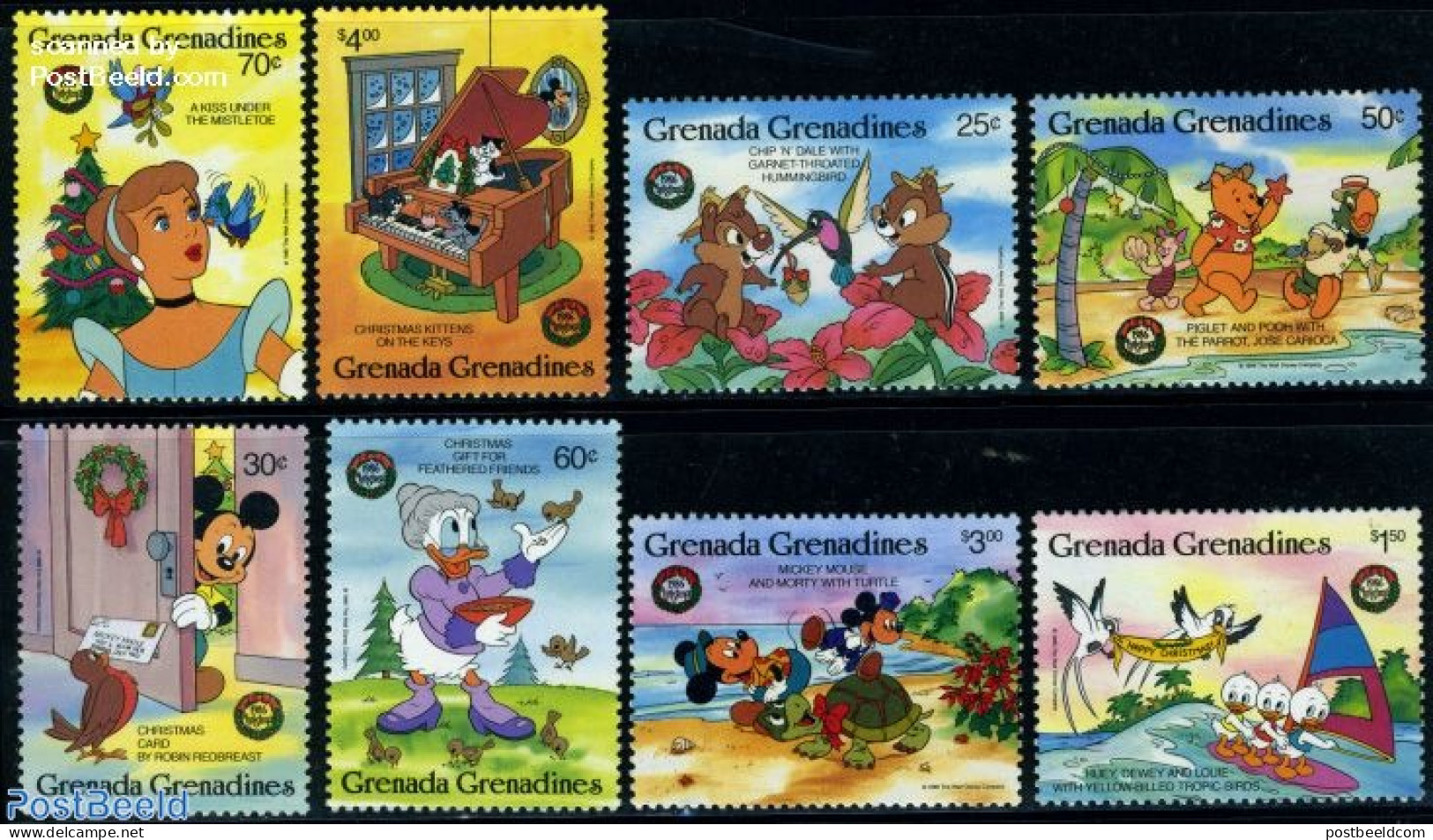 Grenada Grenadines 1986 Christmas, Disney 8v, Mint NH, Nature - Religion - Cats - Turtles - Christmas - Art - Disney - Noël