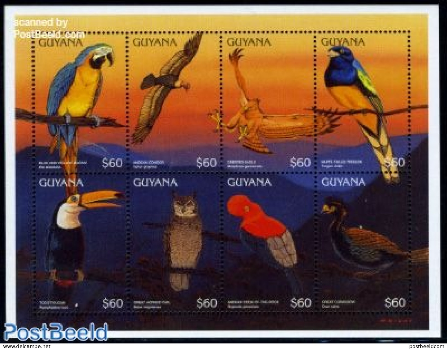 Guyana 1996 Birds 8v M/s, Mint NH, Nature - Birds - Owls - Parrots - Toucans - Guyana (1966-...)