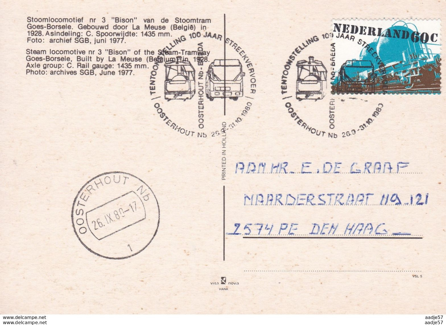 Stoomloc 3 "Bison" Van Stoomtram Goes-Borssele. Speciaal Stempel 100 Jaar Streekvervoer 1980 - Goes