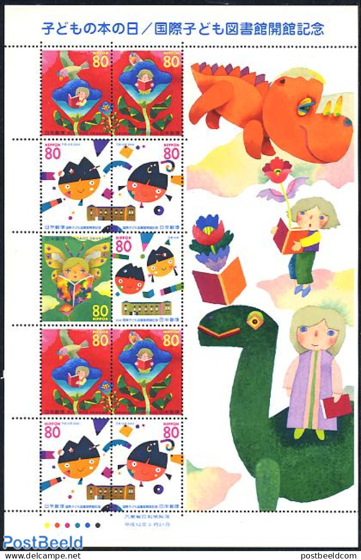 Japan 2000 Youth Library M/s, Mint NH, Nature - Prehistoric Animals - Art - Children's Books Illustrations - Libraries - Ongebruikt