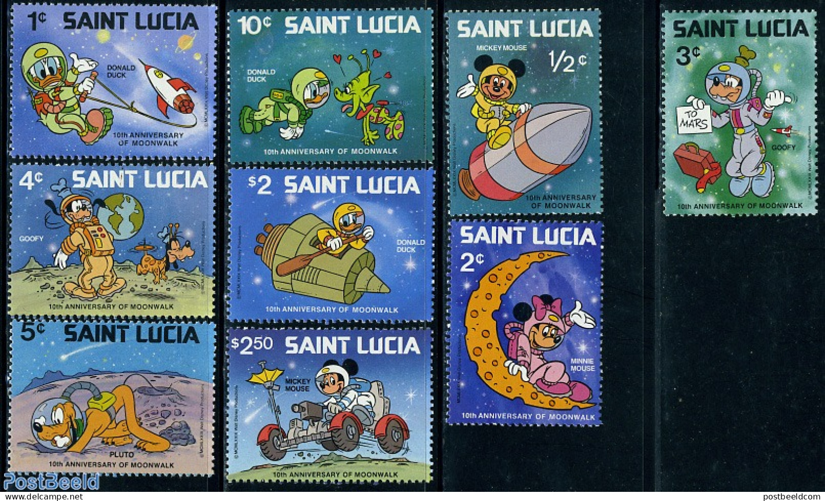 Saint Lucia 1980 Disney, Moonlanding 9v, Mint NH, Transport - Space Exploration - Art - Disney - Disney