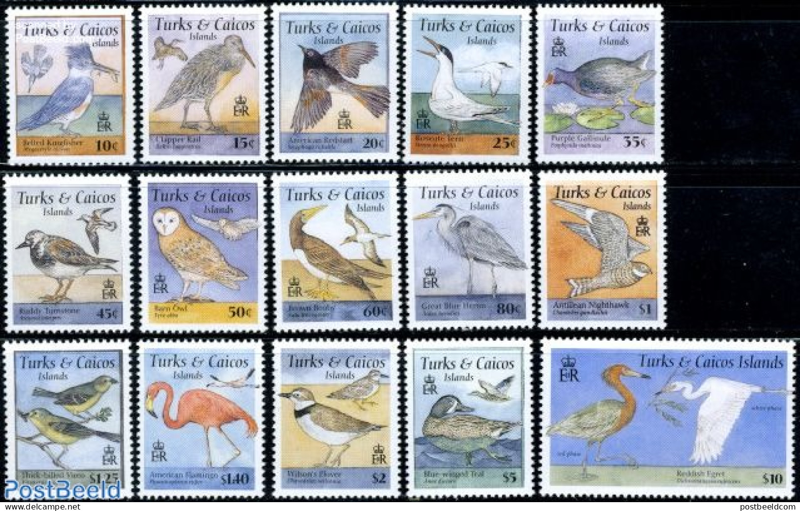Turks And Caicos Islands 1995 Birds 15v, Definitives, Mint NH, Nature - Birds - Owls - Kingfishers - Flamingo - Autres & Non Classés