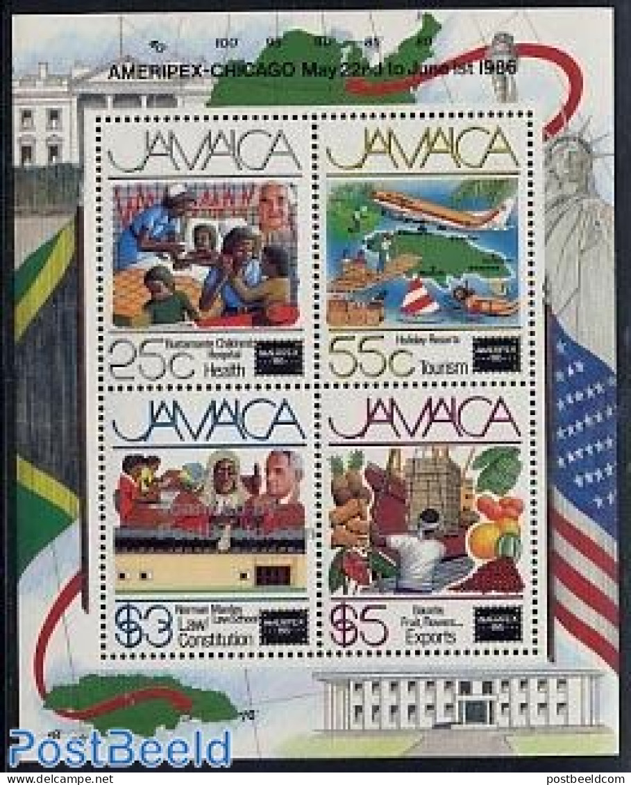 Jamaica 1986 Ameripex S/s, Mint NH, Health - Nature - Sport - Transport - Various - Health - Fruit - Golf - Aircraft &.. - Fruit