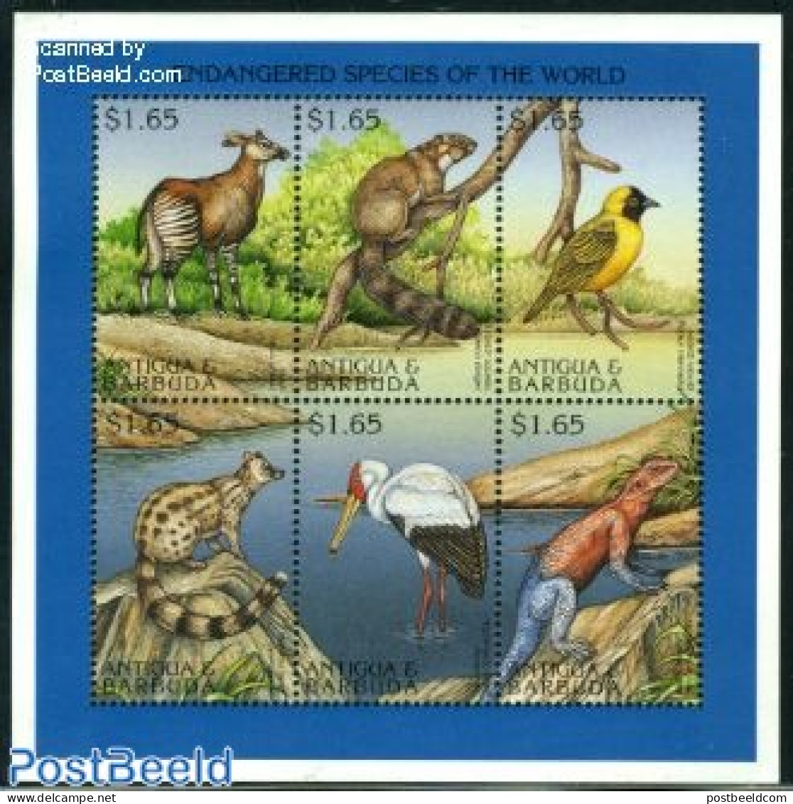 Antigua & Barbuda 1997 Endangered Animals 6v M/s (6x1.65), Mint NH, Nature - Animals (others & Mixed) - Birds - Reptiles - Antigua And Barbuda (1981-...)