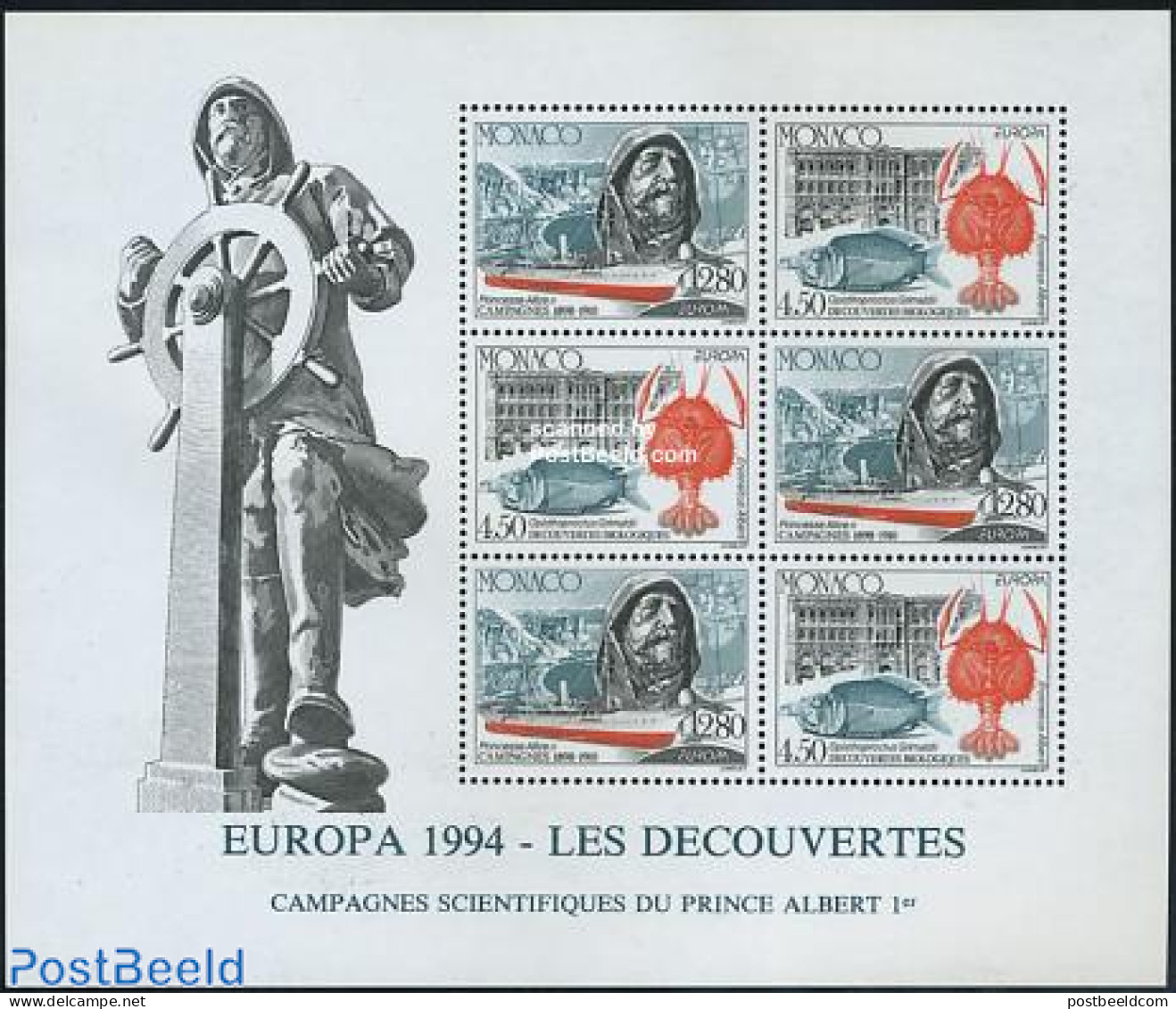 Monaco 1994 Europa, Discoveries S/s, Mint NH, History - Nature - Transport - Various - Europa (cept) - Fish - Ships An.. - Nuevos