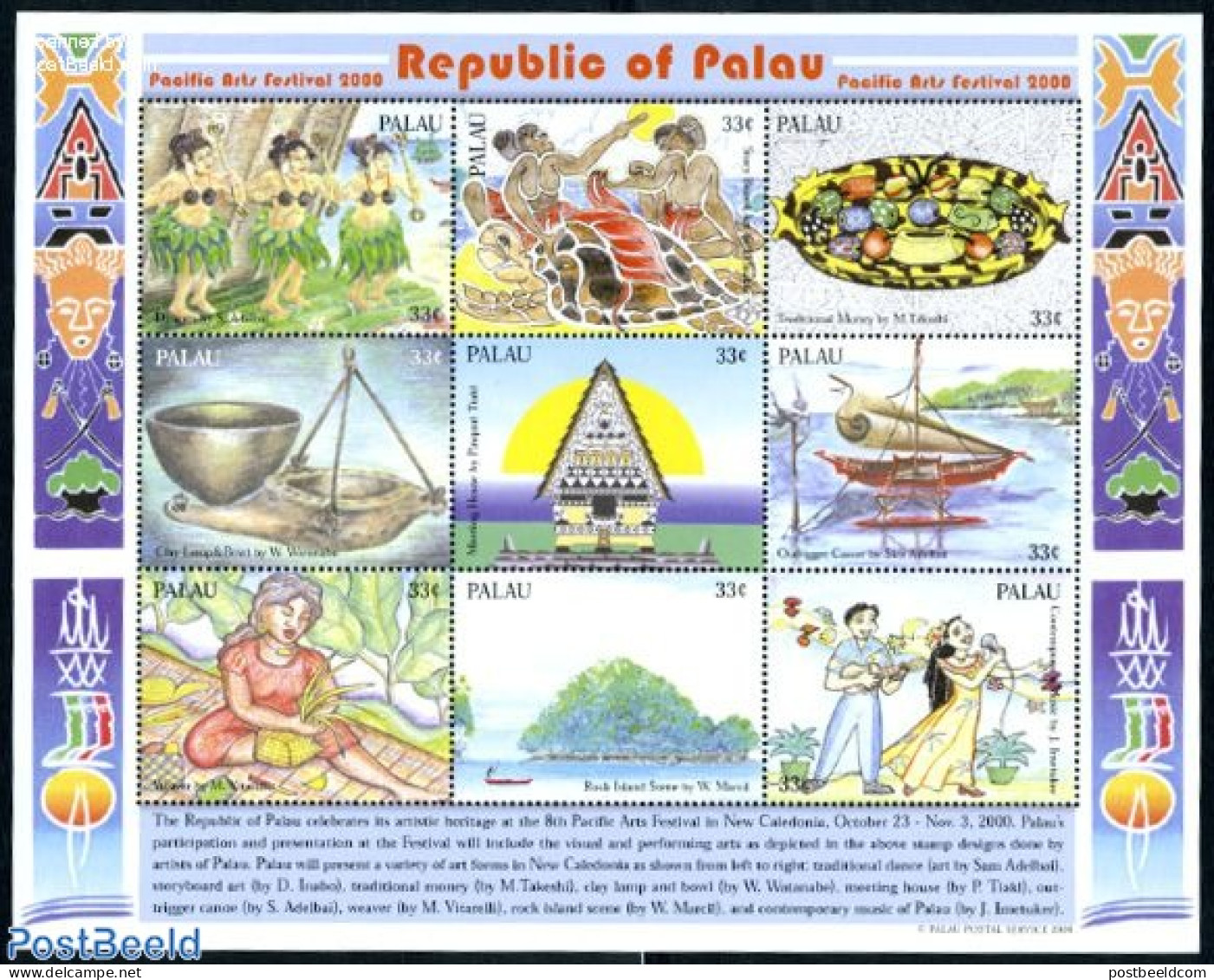 Palau 2000 Pacific Art Festival 9v M/s, Mint NH, Transport - Various - Ships And Boats - Folklore - Barche