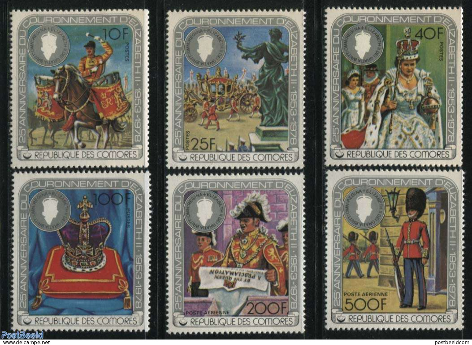Comoros 1978 Silver Coronation 6v, Mint NH, History - Nature - Transport - Various - Kings & Queens (Royalty) - Horses.. - Koniklijke Families