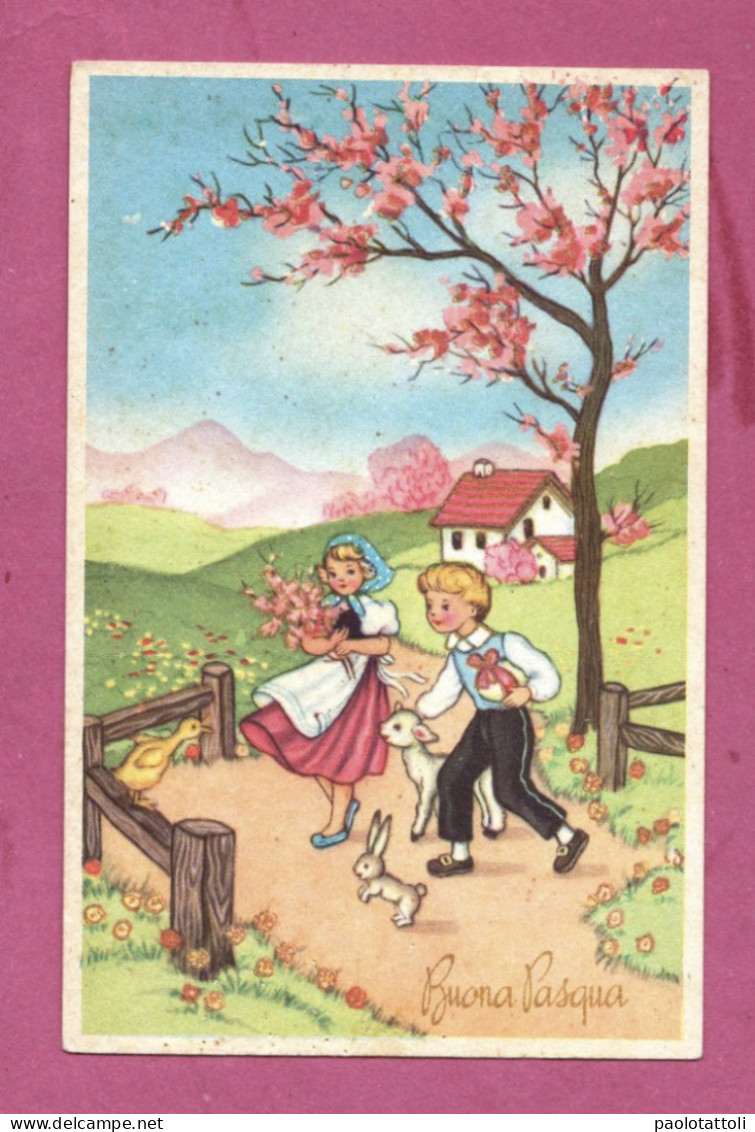 Greetings Card, Buona Pasqua, Happy Easter-Scene Of Young People In Traditional Dress Little Lambs And Rabbitts- - Easter