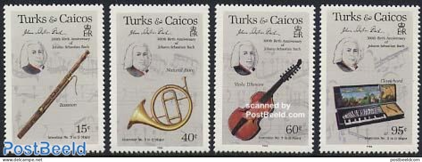 Turks And Caicos Islands 1985 J.S. Bach 4v, Mint NH, Performance Art - Music - Musical Instruments - Musique