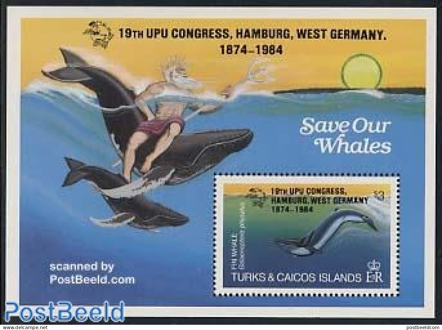 Turks And Caicos Islands 1984 UPU Congress, Whales S/s, Mint NH, Nature - Sea Mammals - U.P.U. - U.P.U.