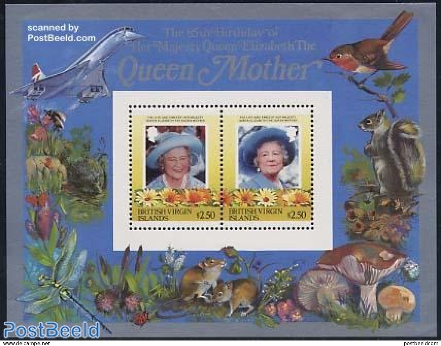 Virgin Islands 1985 Queen Mother S/s, Mint NH, History - Nature - Transport - Kings & Queens (Royalty) - Animals (othe.. - Familias Reales