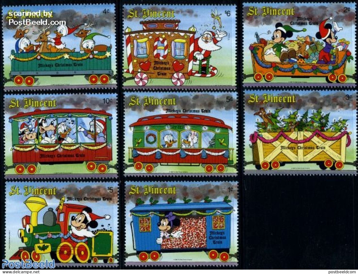Saint Vincent 1988 Christmas, Disney 8v, Mint NH, Religion - Transport - Christmas - Railways - Art - Disney - Christmas