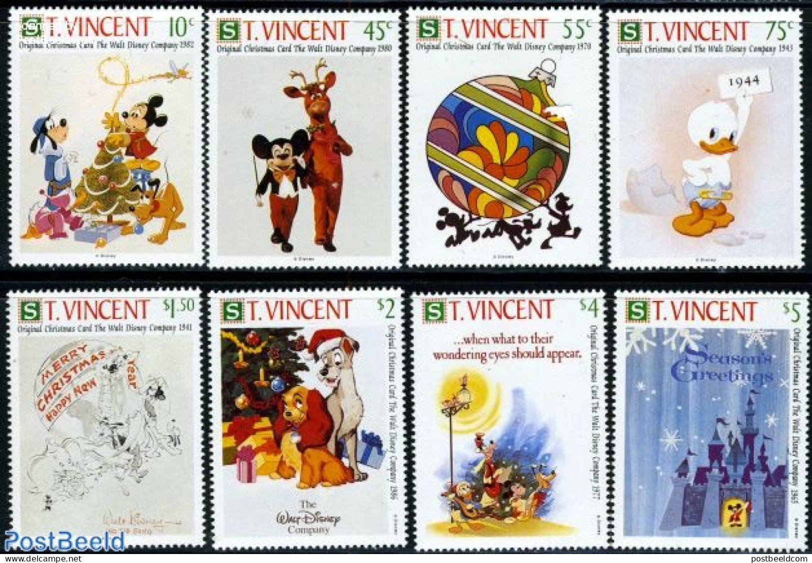 Saint Vincent 1991 Christmas, Disney 8v, Mint NH, Religion - Christmas - Art - Disney - Noël