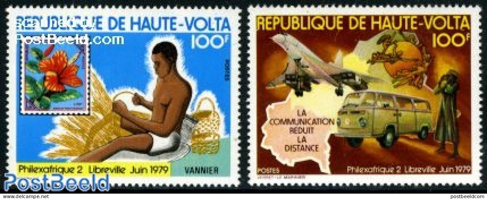 Upper Volta 1979 Philexafrique 2v, Mint NH, Nature - Transport - Various - Flowers & Plants - Post - Stamps On Stamps .. - Post
