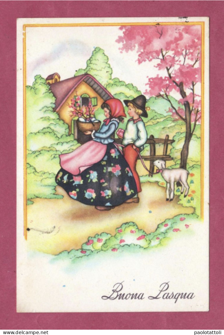 Greetings Card, Buona Pasqua, Happy Easter-Scene Of Young People In Traitional Dress And Little Lamb- Small Size, - Easter