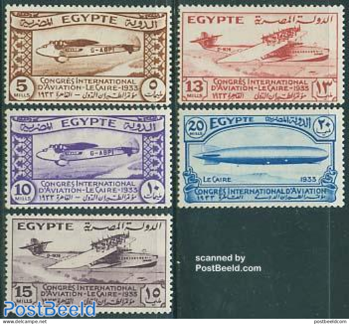 Egypt (Kingdom) 1933 Aviation Congress 5v, Unused (hinged), Transport - Aircraft & Aviation - Zeppelins - Nuevos