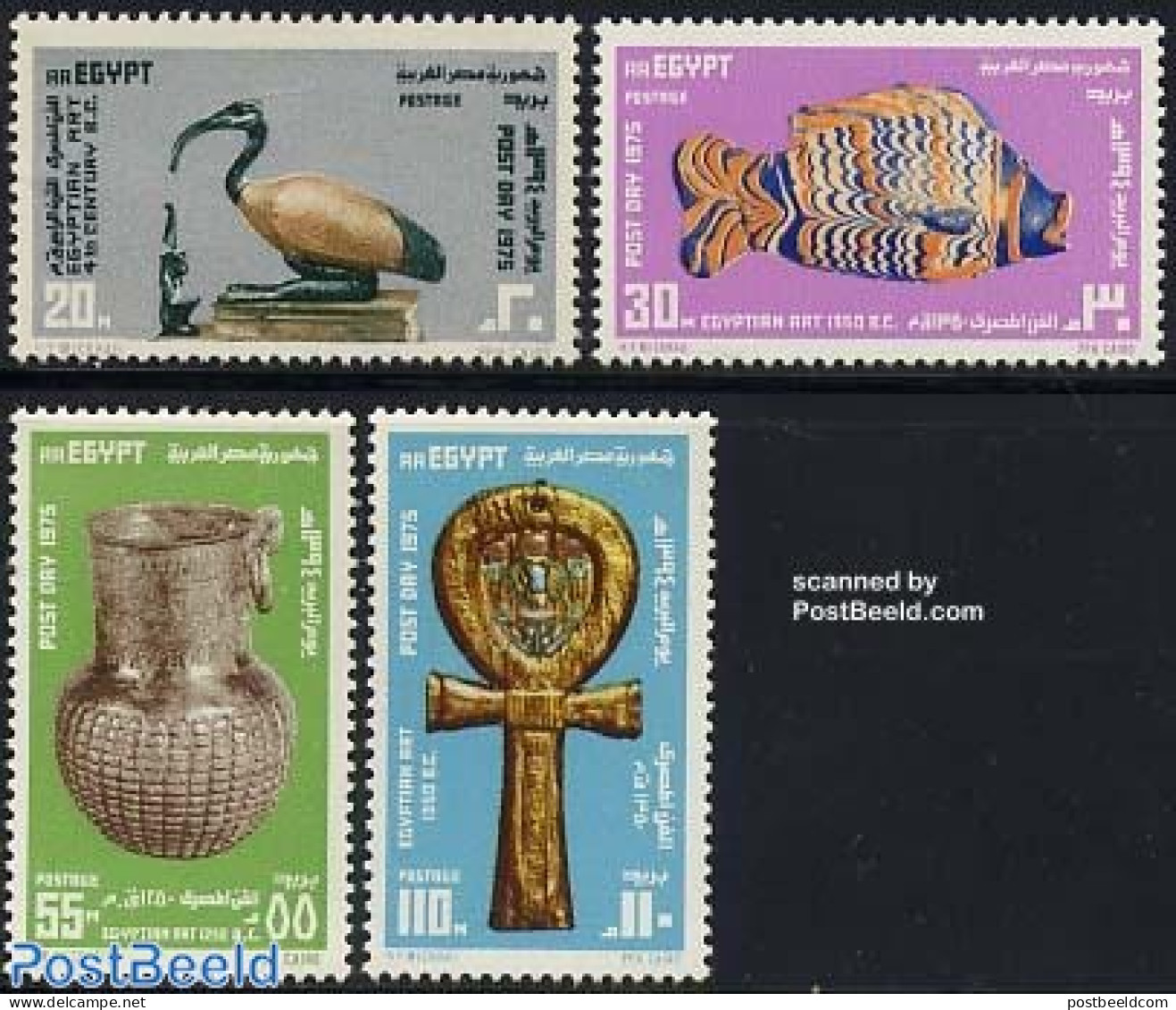 Egypt (Republic) 1975 Postal Day, Egyptian Art 4v, Mint NH, History - Nature - Archaeology - Birds - Fish - Art - Art .. - Unused Stamps