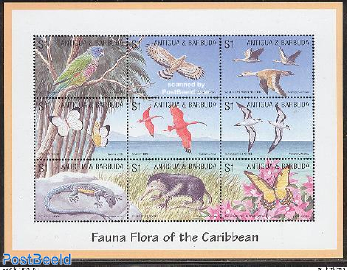 Antigua & Barbuda 2002 Animals 9v M/s (9x1.00), Mint NH, Nature - Birds - Butterflies - Ducks - Parrots - Reptiles - Antigua And Barbuda (1981-...)