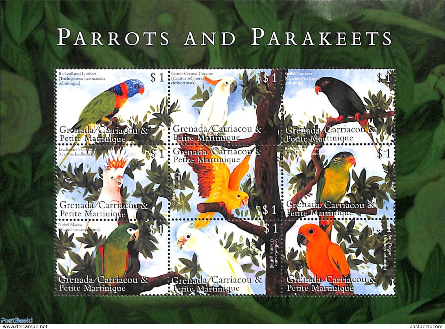 Grenada Grenadines 2000 Parrots & Parakeets 9v M/s, Mint NH, Nature - Birds - Parrots - Grenade (1974-...)