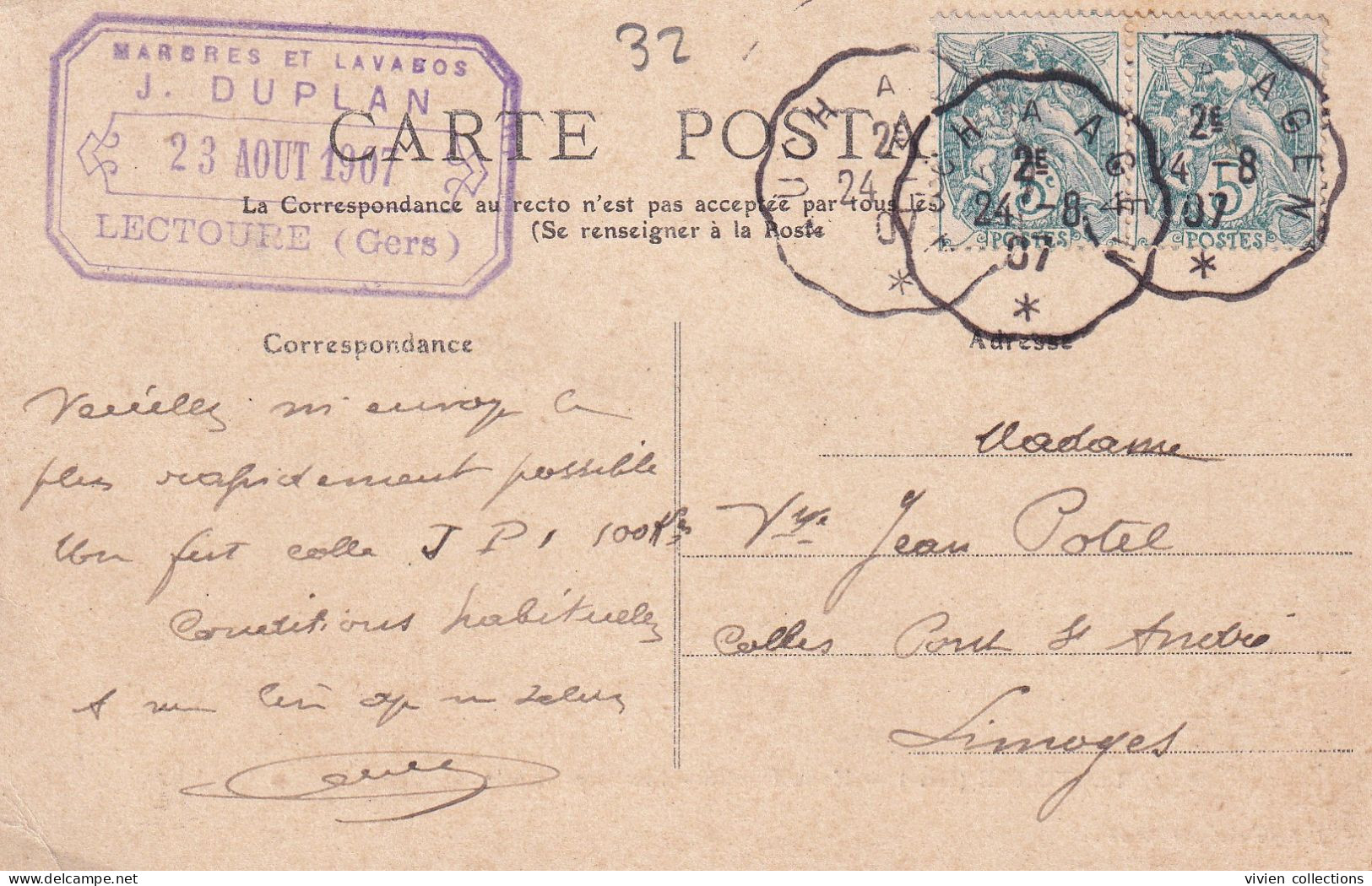 Lectoure (32 Gers) Usine Duplan Carte Commerciale Tampon Au Dos Marbres Et Lavabos Circulée 1907 Convoyeur Auch à Agen - Lectoure