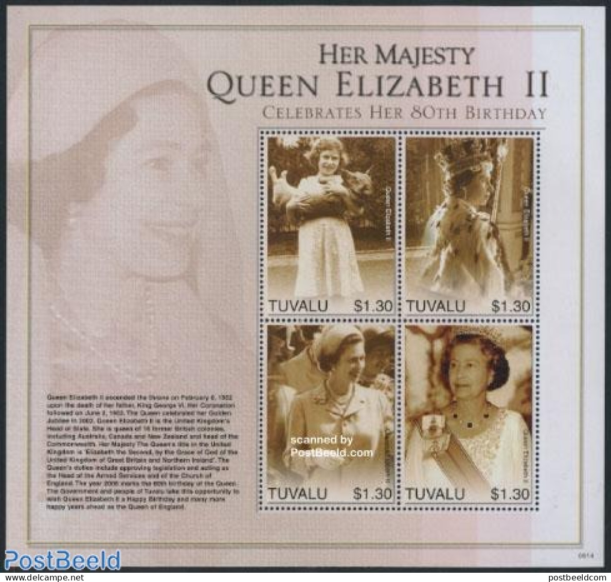 Tuvalu 2006 Elizabeth II 80th Anniversary 4v M/s, Mint NH, History - Nature - Kings & Queens (Royalty) - Dogs - Familles Royales