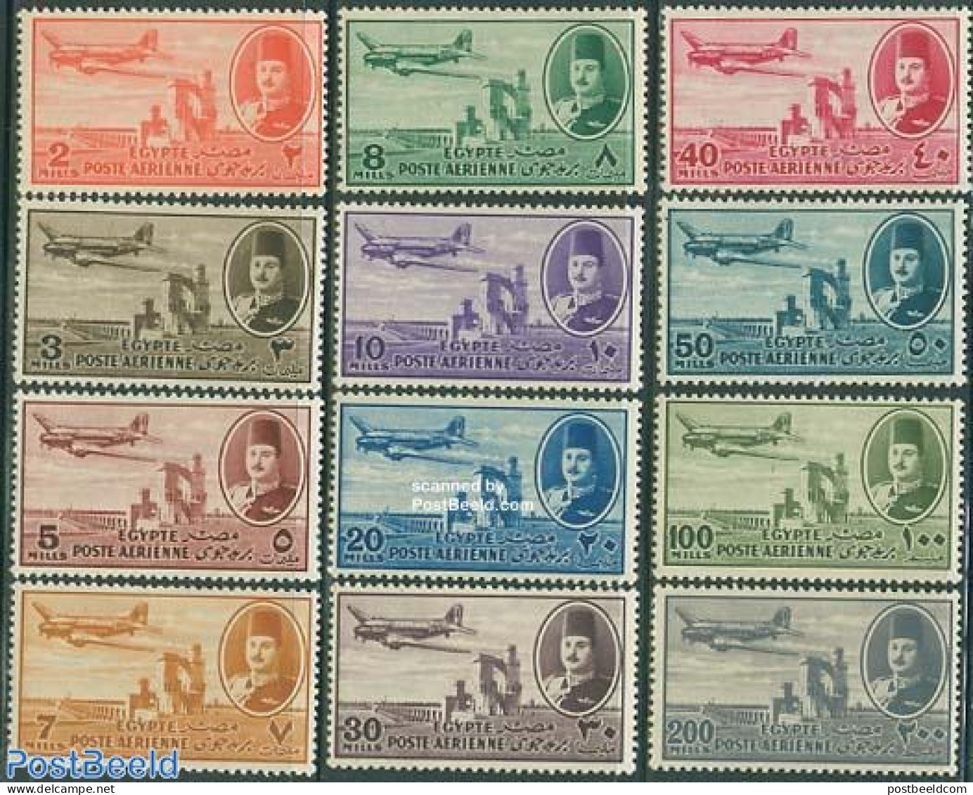 Egypt (Kingdom) 1947 Airmail Definitives 12v, Mint NH, Nature - Transport - Water, Dams & Falls - Aircraft & Aviation - Unused Stamps