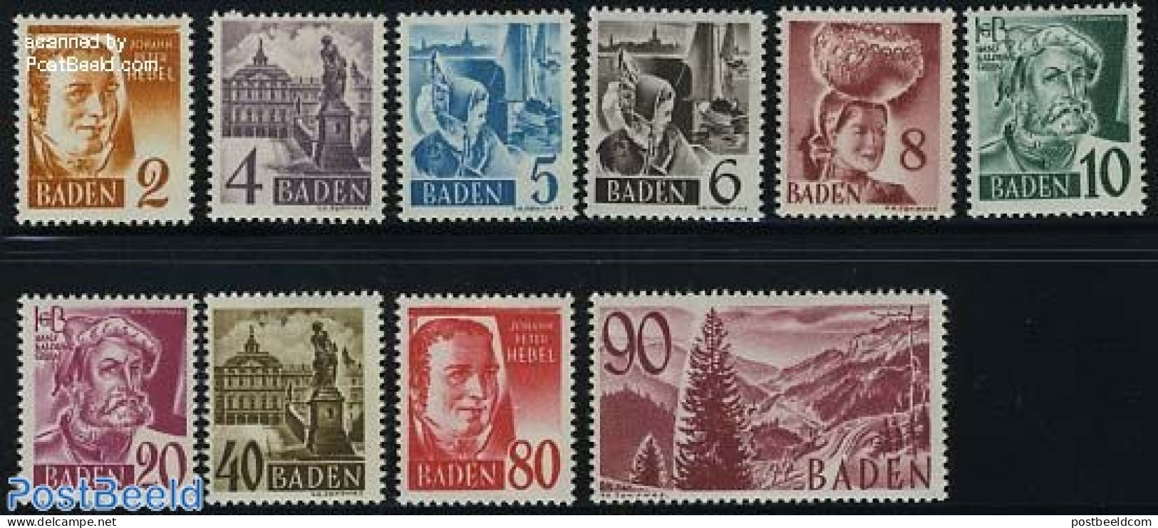 Germany, French Zone 1948 Baden, Definitives 10v, Mint NH, Nature - Various - Trees & Forests - Costumes - Art - Castl.. - Rotary, Lions Club